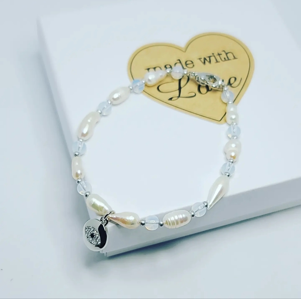 Freshwater Pearl, Opalite, Evil Eye Zirconia charm bracelet